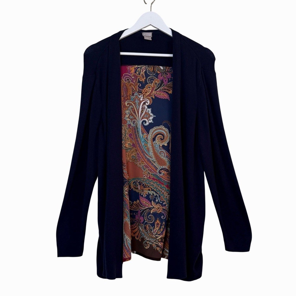 Chicos Womens‎ Blue Paisley Mixed Open Front Cardigan Sweater Petite Size 2 Boho